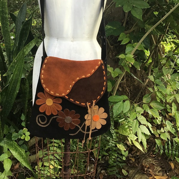 Vintage hippy suede Bag  with flowers