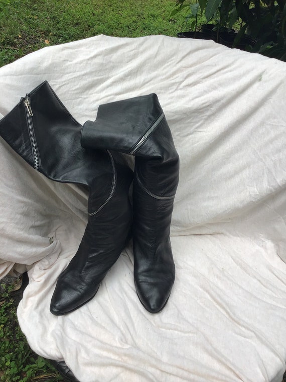 Vintage 90s Designer leather zip boots knee length