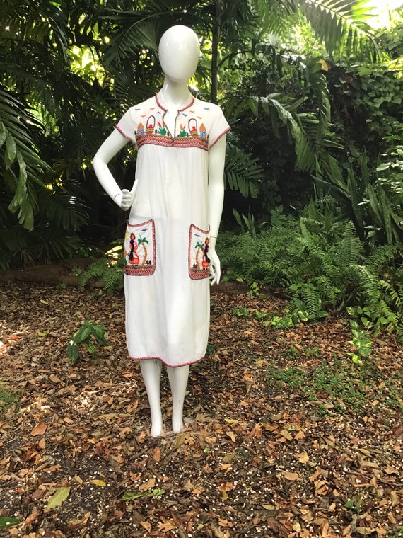 vintage mexican embroidered dress Vintage Aqua Mexican Embroidered Maxi Dress