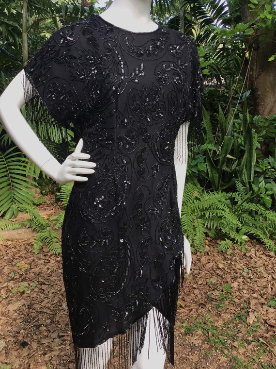 Vintage silk beaded Dress with beaded fringes - image 2