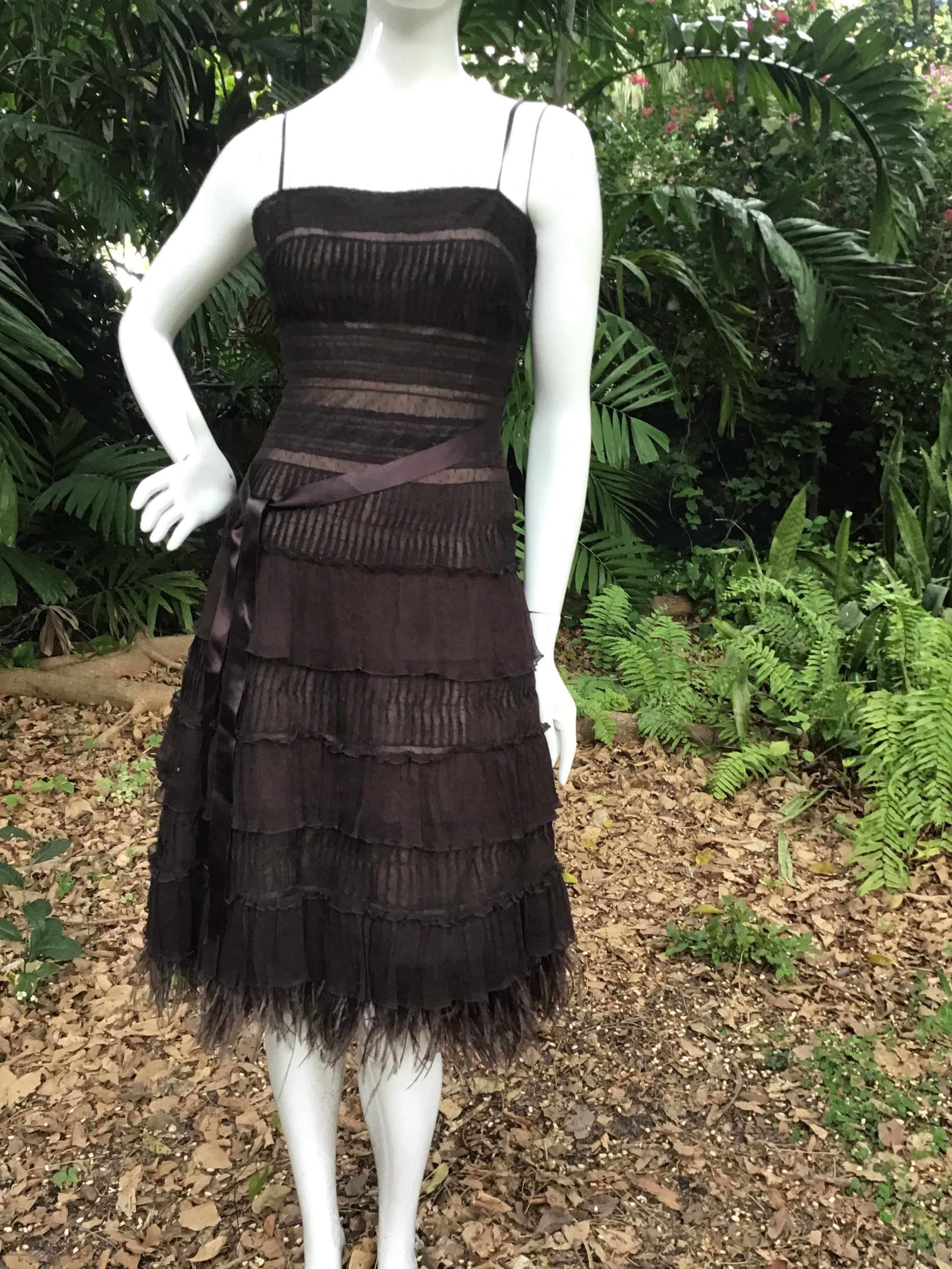 Brown Tulle Beaded Long Formal Prom Dress With Beading