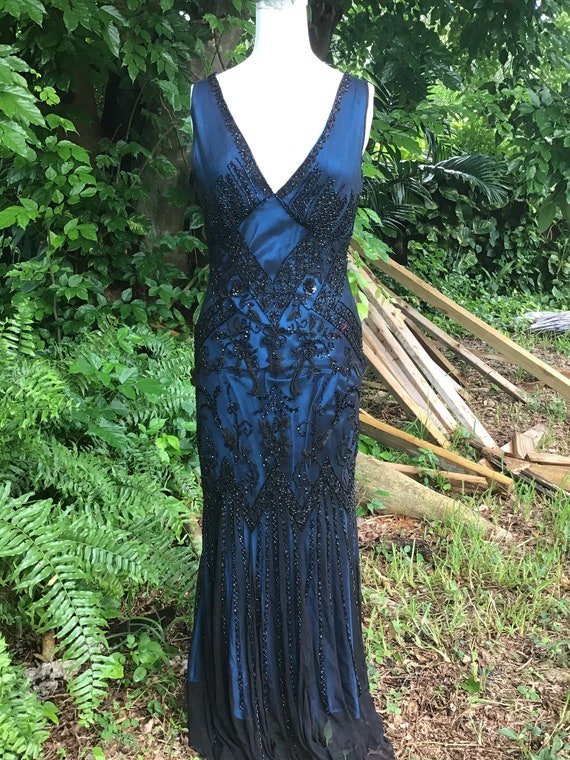 Vintage beaded dress with blue satin underslip - image 8