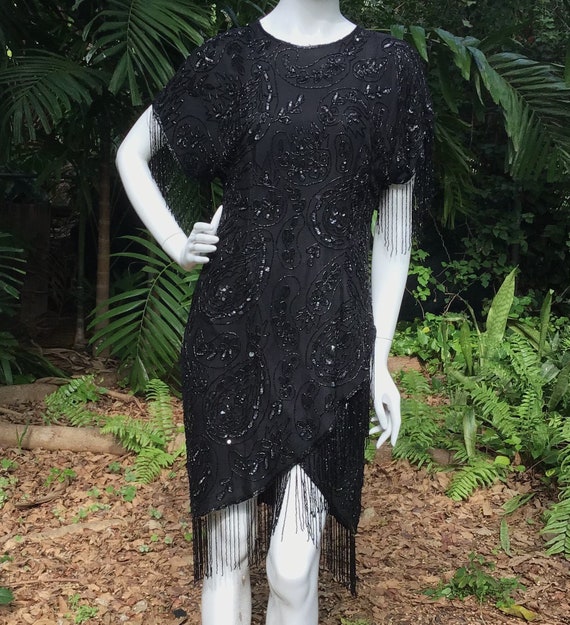 Vintage silk beaded Dress with beaded fringes - image 1