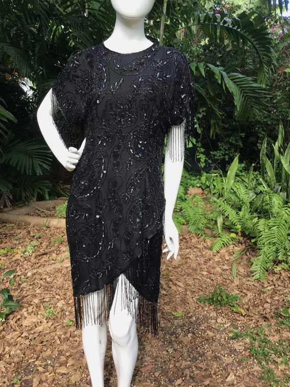 Vintage silk beaded Dress with beaded fringes - image 8