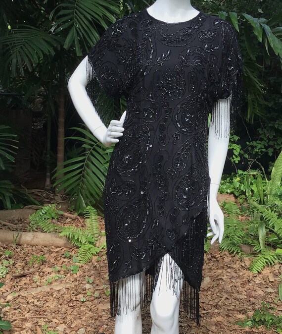 Vintage silk beaded Dress with beaded fringes - image 7