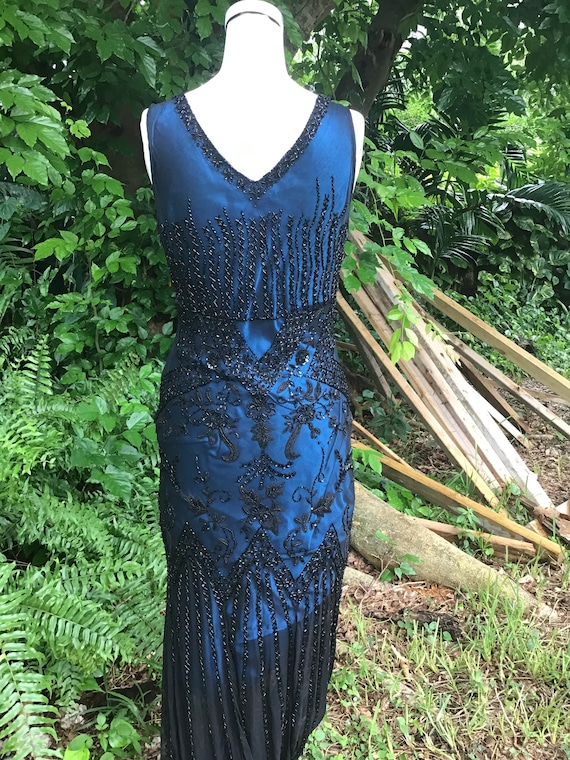 Vintage beaded dress with blue satin underslip - image 5