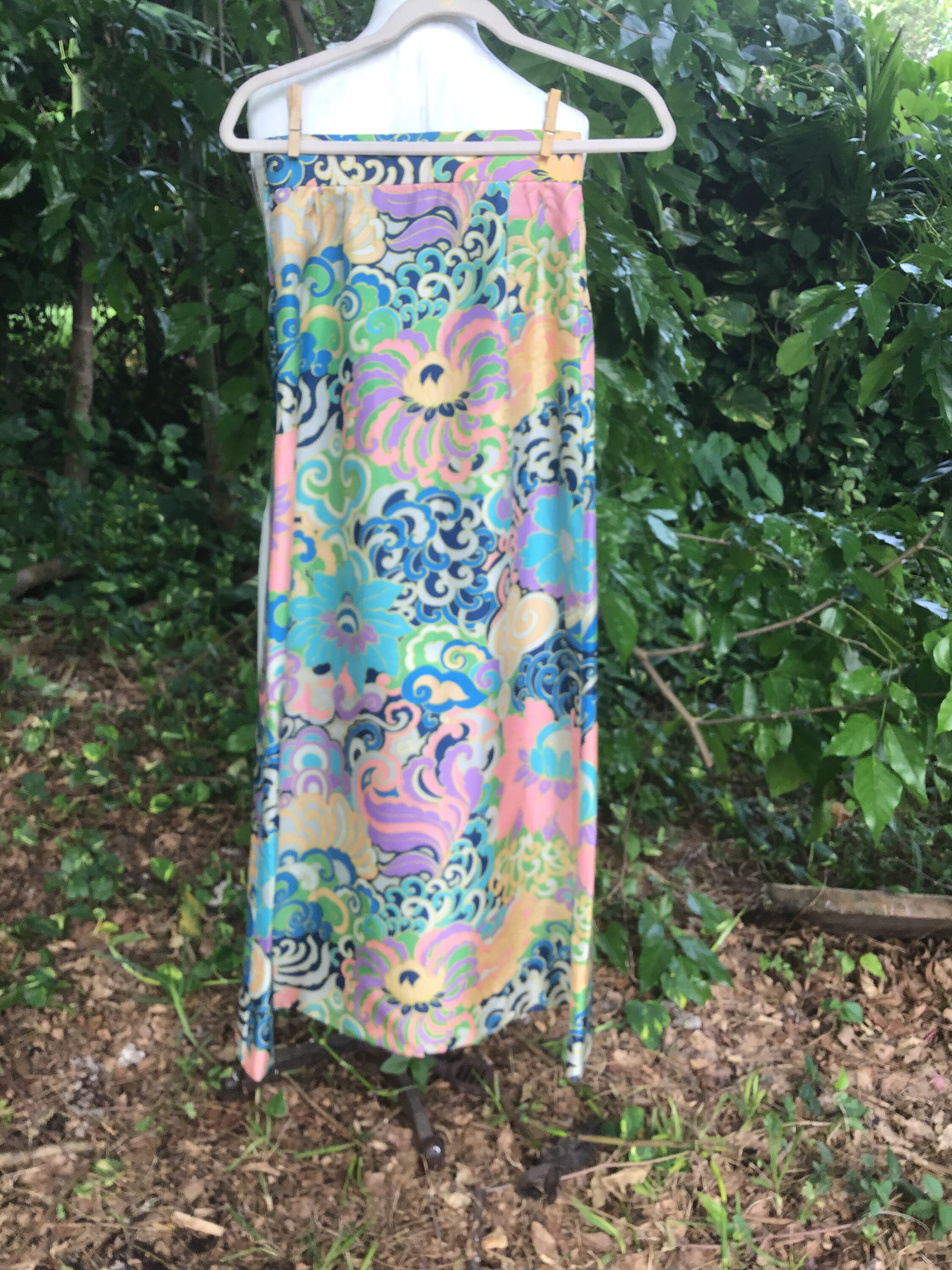 Jupe Maxi Vintage Années 70 Bleu Et Multicolore - Taille S - Coton - Occasion Très Bon état