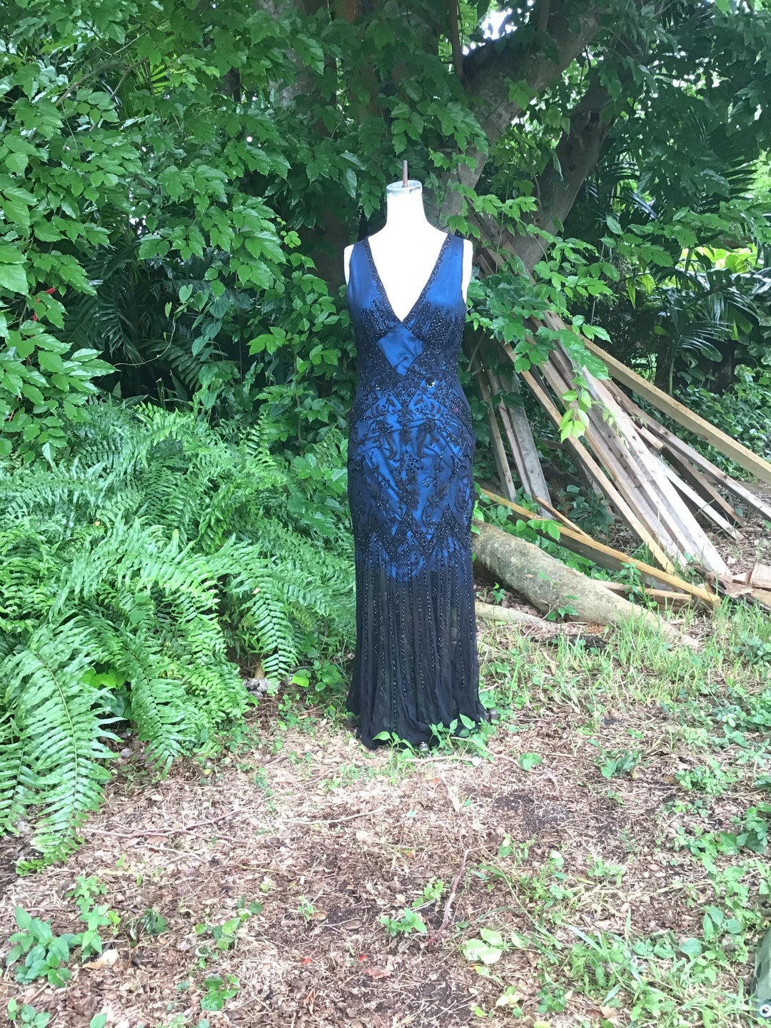 Vintage Beaded Dress With Blue Satin Underslip Etsy