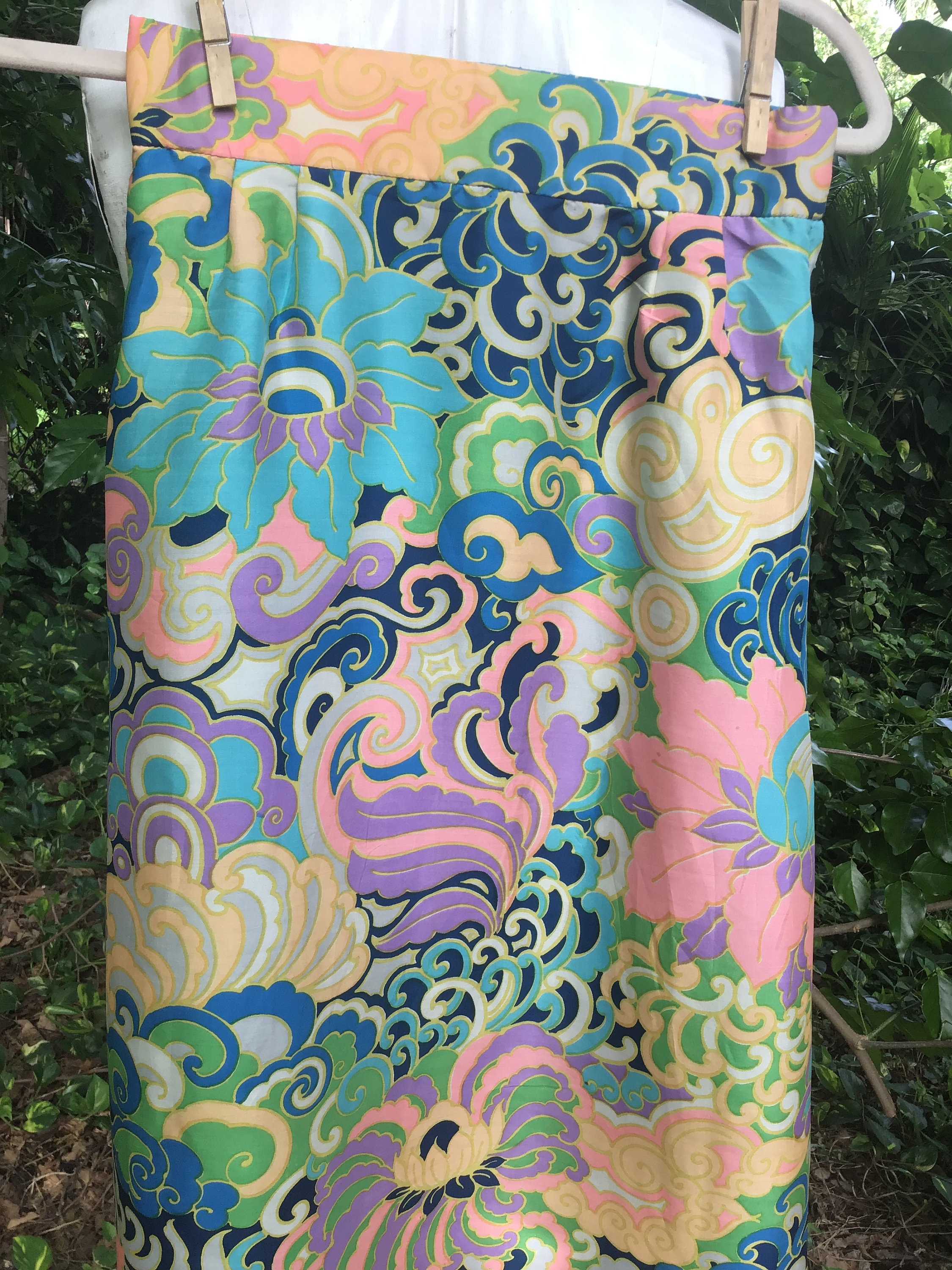 Jupe Maxi Vintage Années 70 - Bleu Et Multicolore - Taille S - Coton - Occasion Très Bon état