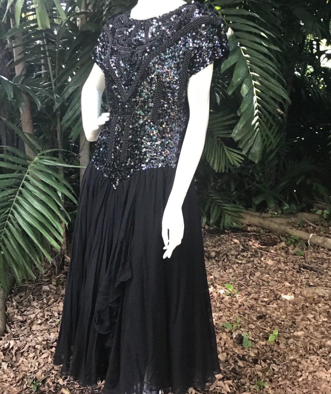 1990s Oleg Cassini Black Silk Beaded Dress