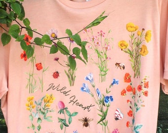Vintage Wildflower Graphic Tee: Nature Shirt with Ladybug & Bee