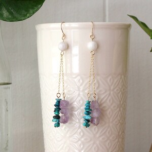 Amethyst Turquoise Dangle Earrings: Gold Filled Chain, Moonstone, Handmade
