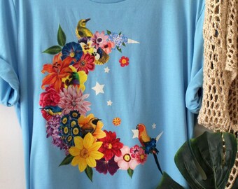 Flower Moon T-Shirt: Vintage Bird & Floral Crescent Moon Design