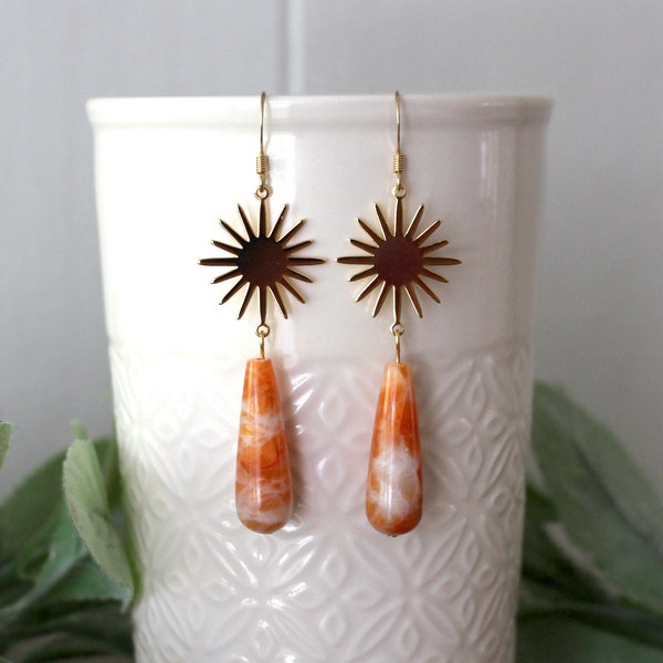 Sunburst Gemstone Earrings | Boho Sunstone Earrings | Gold Sun Gemstone Earrings