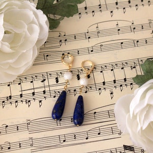 Natural Moonstone and Lapis Lazuli Gemstone Teardrop Earrings | Vintage Style Earrings | Regency Earrings | Unique Handmade Earrings