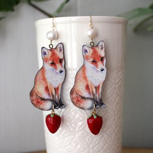 Fox & Strawberry Earrings: Wood Cottagecore Earrings with Pearl
