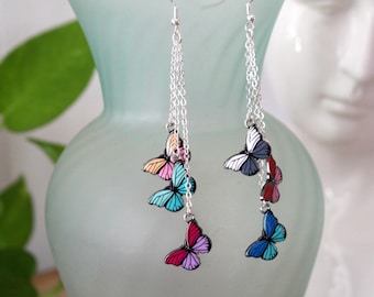 Colorful Enamel Butterfly Dangle Earrings: Sterling Silver Hooks