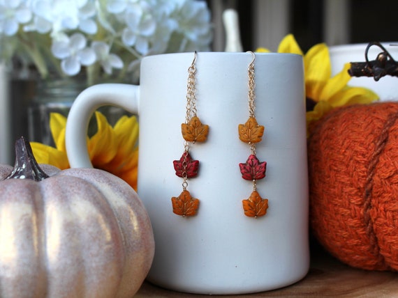 Gold Filled Maple Leaf Earrings: Czech Glass Autumn Jewelry