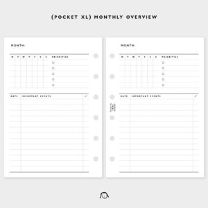 POCKET XL Size Monthly Overview Plan Printable Inserts