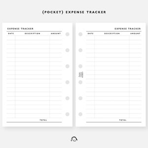 Op de afbeelding: Twee lege pagina's voor het bijhouden van uitgaven met kolommen voor datum, beschrijving en bedrag. De pagina's zijn ontworpen voor een zakagenda.