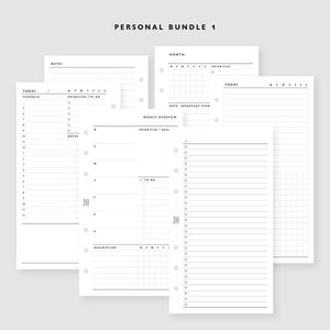 May include: A set of four printable planner pages with a black and white design. The pages include sections for "Today", "Schedule", "Notes", "Priorities", "To Do", "Weekly Overview", "Month", "Date", "Important Events", and "Today".