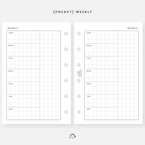 May include: A black and white weekly planner with a grid layout. The planner is labelled "(POCKET) WEEKLY" and has the days of the week listed: Sun, Mon, Tue, Wed, Thu, Fri, Sat.