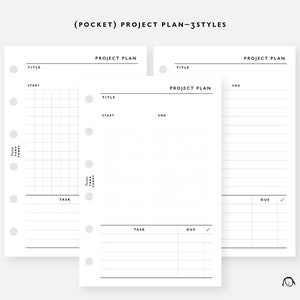 May include: Three different styles of project plan templates for a pocket planner. The first template has a grid, the second has a dotted grid, and the third has lines. Each template has sections for title, start, end, task, and due.