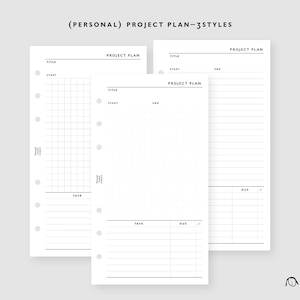 May include: Three different styles of project plan templates. The first template has a grid layout, the second has a dotted grid, and the third has lined paper. Each template has sections for title, start, end, task, and due date.