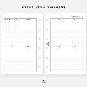 Zakformaat Wekelijks blokafdrukbare inzetstukken / Agenda afdrukbaar / Ringband Filofax zakvullingen