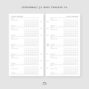 PERSONAL Size 31 Days Tracker V2 Printable Inserts / Agenda Printable / Ring binder Filofax Personal refills / Digital file
