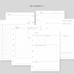 May include: A set of four A6 planner pages with a black and white design. The pages include sections for notes, today's schedule, weekly overview, and a monthly calendar.