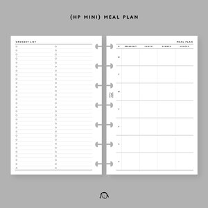 Könnte beinhalten: Ein schwarz-weißer Planer mit einer Einkaufsliste und einem Speiseplan für die Woche. Der Planer hat einen Titel, der "(HP MINI) MEAL PLAN" lautet.