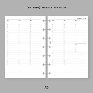Könnte beinhalten: Ein schwarz-weißer Wochenplaner mit vertikalen Spalten für jeden Tag der Woche. Der Planer ist mit "(HP MINI) WEEKLY VERTICAL" beschriftet und enthält einen Bereich für einen Wochenplan.