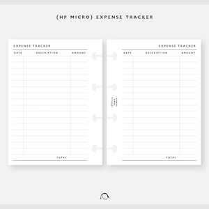 May include: A black and white printable expense tracker for a HP Micro planner. The tracker has columns for date, description, and amount. It has a total line at the bottom.