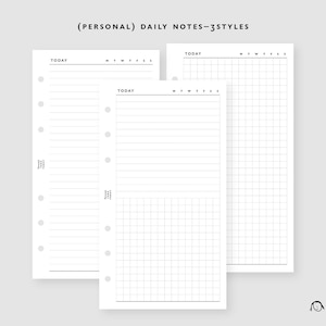 PERSONAL Size Daily Notes 3 Styles Printable Inserts / Agenda Printable / Ring binder Filofax Personal refills