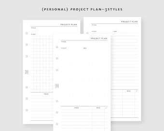 Plan de Proyecto Tamaño PERSONAL 3 Estilos Insertos Imprimibles / Planificador 2026 / Agenda Imprimible / Carpeta de Anillas Filofax Recambios Personales