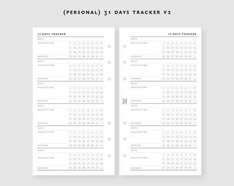PERSONAL Tamaño 31 Días Tracker V2 Insertos Imprimibles / Agenda Imprimible / Carpeta de Anillas Filofax Recambios Personales / Archivo Digital
