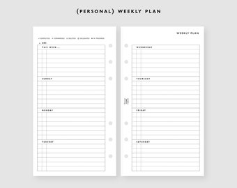 May include: A black and white weekly planner with a simple design. The planner is divided into two sections, one for the week's tasks and the other for daily scheduling. The planner includes a section for "This Week..." and days of the week from Sunday to Saturday.