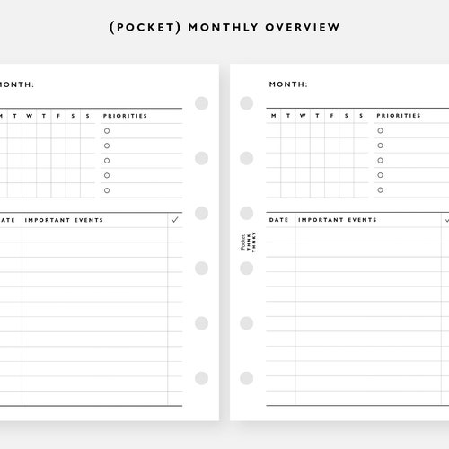 POCKET Size Monthly Overview Plan Printable Inserts Etsy