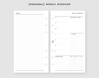 PERSONAL Size Weekly Overview Printable Inserts / Agenda Printable / Ring binder Filofax Personal refills