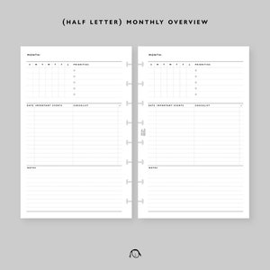 Half Letter Size Monthly Overview Printable Inserts