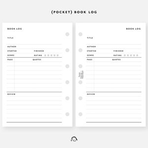 May include: A black and white printable book log with the text "(POCKET) BOOK LOG" at the top. The log includes sections for title, author, started, genre, page, finished, rating, quotes, and review.