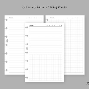 Puede incluir: Tres páginas de notas diarias en blanco para un Happy Planner mini. Las páginas son rayadas, cuadriculadas y en blanco. Las páginas son blancas con texto negro. El texto en las páginas dice "TODAY" y "MTWTFSS".
