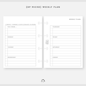 May include: A black and white weekly planner with the text "(HP MICRO) WEEKLY PLAN" at the top. The planner is divided into two sections, one for "This Week..." and the other for "Weekly Plan". The "This Week..." section has spaces for Monday, Tuesday, Wednesday, Thursday, Friday, Saturday, and Sunday. The "Weekly Plan" section has spaces for Thursday, Friday, Saturday, and Sunday.