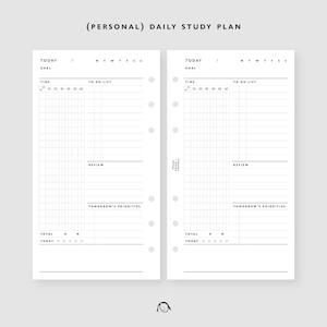 May include: A black and white printable daily study planner with the text "(PERSONAL) DAILY STUDY PLAN" at the top. The planner is divided into two columns, each with a section for "TODAY GOAL", "TIME", "TO DO LIST", "REVIEW", and "TOMORROW'S PRIORITIES".