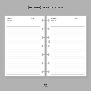 Puede incluir: Un cuaderno blanco en blanco, de dos páginas, con líneas, lomo negro y anillas plateadas. El cuaderno tiene un encabezado que dice "(HP MINI) SERMON NOTES" e incluye espacios para "SPEAKER", "SCRIPTURE", "TITLE" y "DATE".