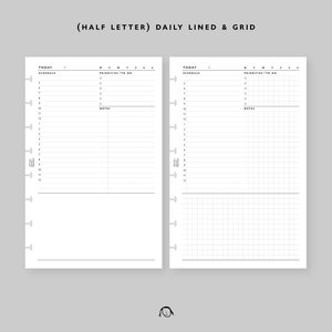 Puede incluir: Una página de planificador en blanco y negro con un horario diario, una lista de prioridades y una sección de notas. La página está dividida en dos columnas, una con papel rayado y la otra con una cuadrícula.