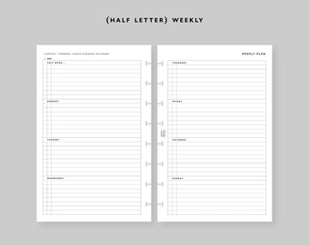 May include: A weekly planner with a half-letter size format. The planner is divided into two columns, one for each day of the week, with lines for writing tasks and notes. The planner has a simple design with black text on a white background.