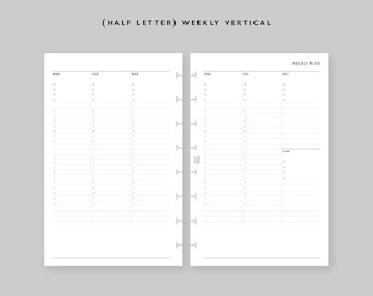 May include: A weekly planner with a vertical layout, designed for half-letter sized paper. The planner has columns for each day of the week, with space for writing appointments and tasks. The planner is printed in black and white.