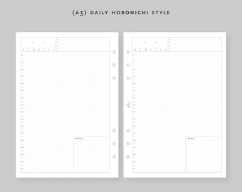 May include: A5 size daily planner in a Hobonichi style with a grid layout. The planner has a memo section on the right side of each page. The planner has a header with the days of the week and a section for notes.